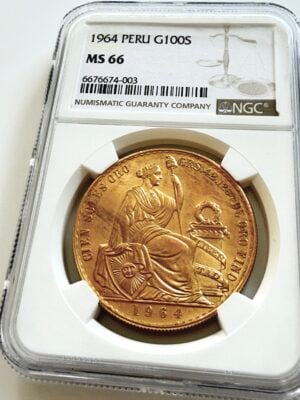 Moneda de oro de Perú de 100 soles de 1964 con figura de la Libertad sentada en estuche NGC MS66