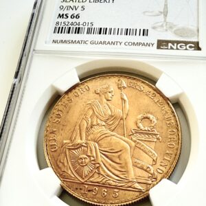 Перу, 1965 год, золотая монета 100 солей, изображение сидящей Свободы, цифра 9 над перевернутой цифрой 5, в футляре NGC MS66.