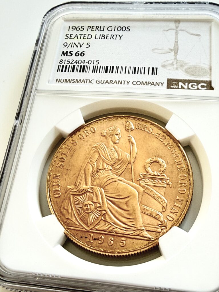 Peru 1965 100 Soles Gold Coin Seated Liberty 9 over inverted 5 in NGC MS66 Holder