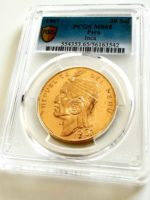 Peru 1967 50 Soles Gold Coin with Inca Indian Head in PCGS MS65 Holder