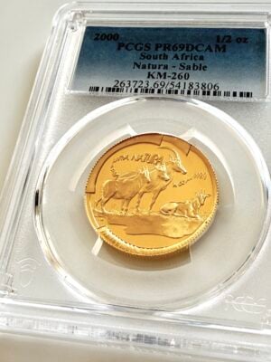 Южная Африка, золотая монета Natura Sable 2000 года, 1/2 унции, проба, в футляре PCGS PR69DCAM с изображением антилопы Sable.
