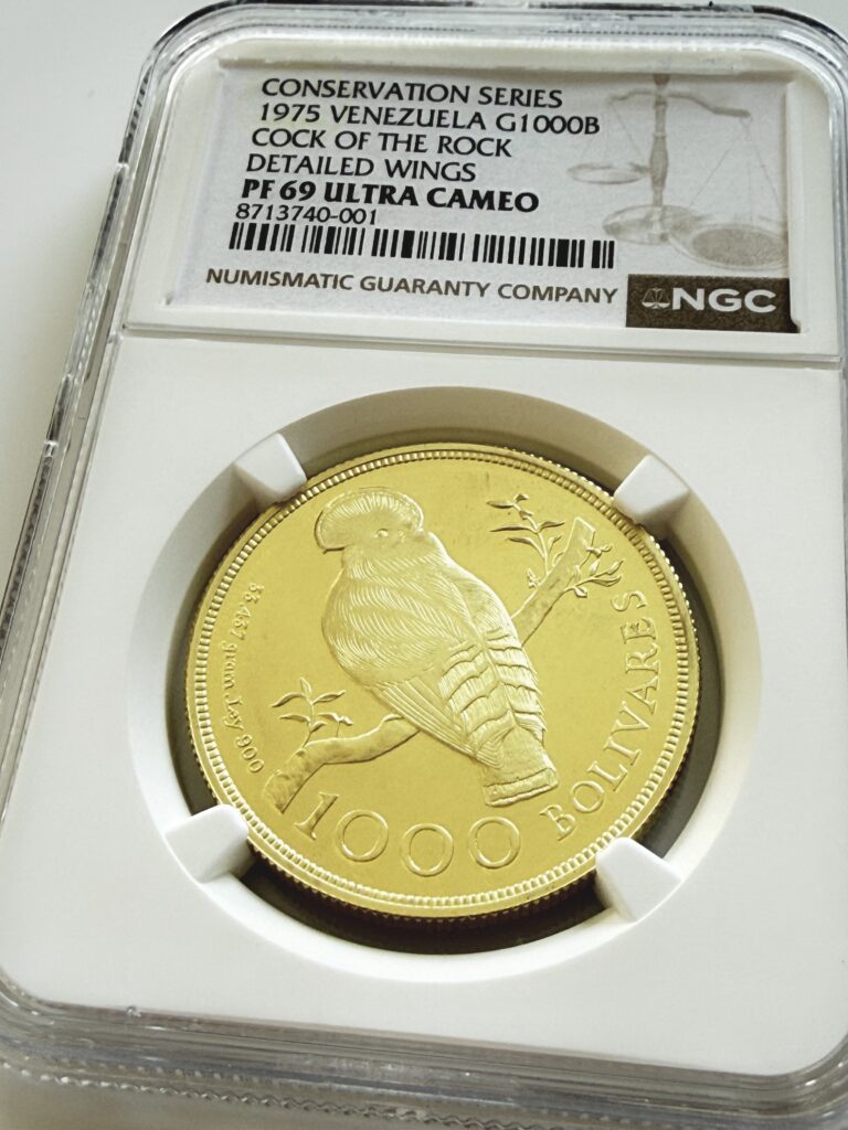 Venezuela 1975 1000 Bolívares Conservation Series Cock of the Rock Detailed Wings in NGC PF69 Ultra Cameo Holder