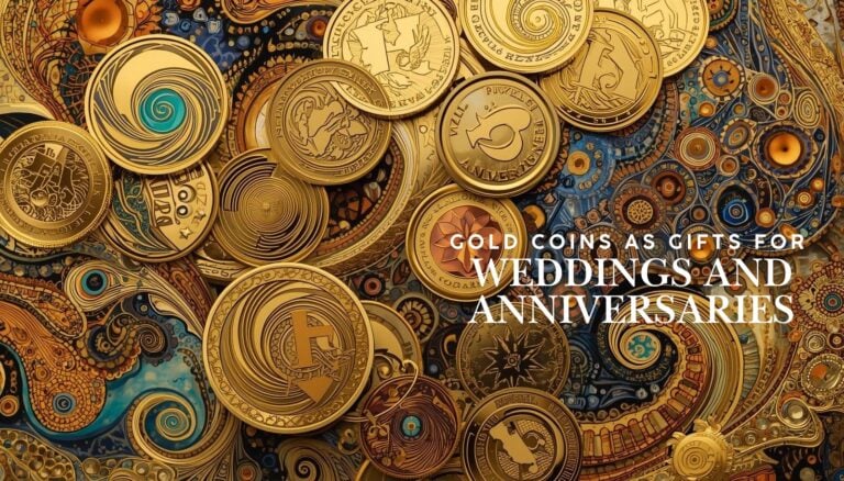 Monedas de oro como regalo para bodas y aniversarios con un motivo decorativo e inscripción en inglés.