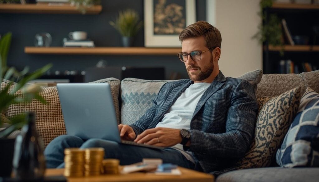 Goldmünzen kaufen - Mann recherchiert entspannt am Laptop, während Goldmünzen auf dem Tisch vor ihm liegen.