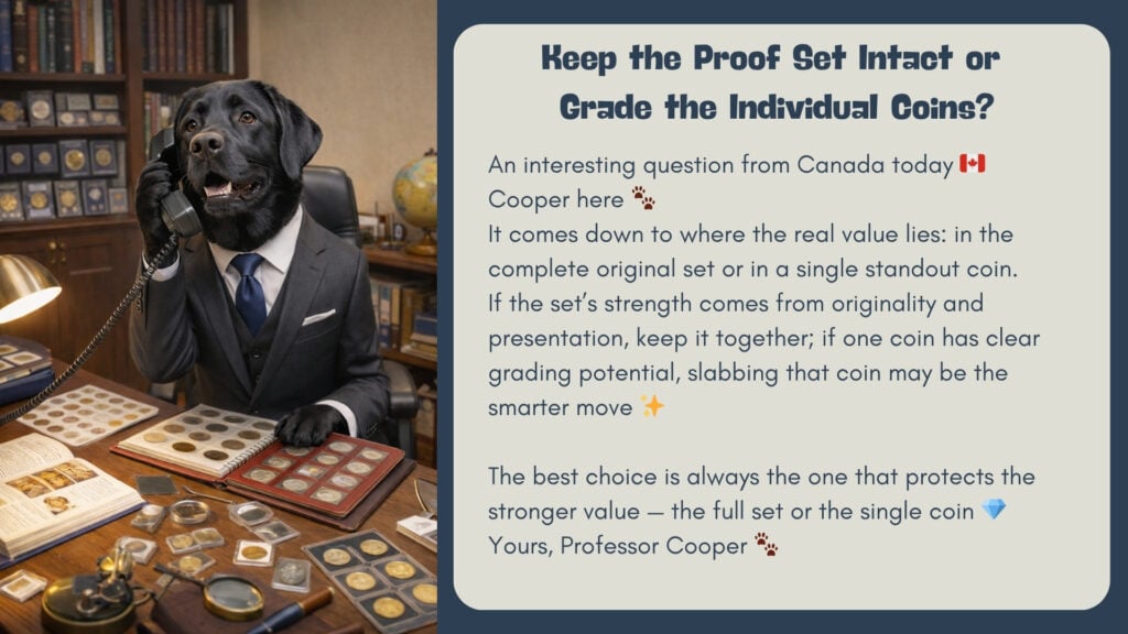Professor Cooper, ein schwarzer Labrador im Anzug, sitzt in einem numismatischen Büro am Telefon und erklärt, ob ein Proof-Set vollständig bleiben oder einzelne Münzen graduiert werden sollten.