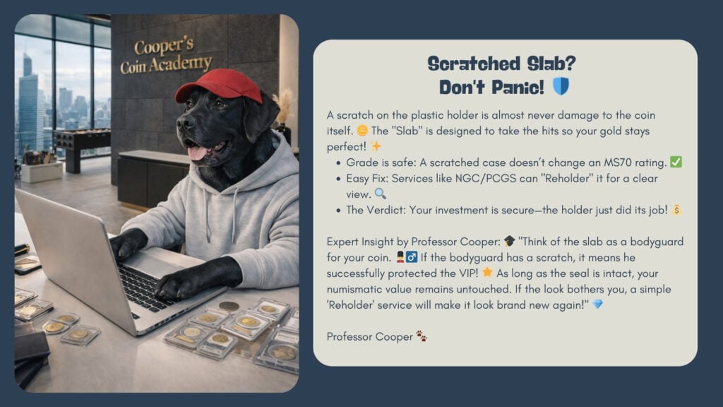 Cooper, der schwarze Labrador von Cooper’s Coin Academy, sitzt in einem modernen Büro vor einem Laptop, während neben ihm mehrere gegradete Münzen liegen. Rechts steht ein Infotext mit dem Hinweis, dass ein zerkratzter Slab in der Regel nicht die Münze selbst beschädigt.
