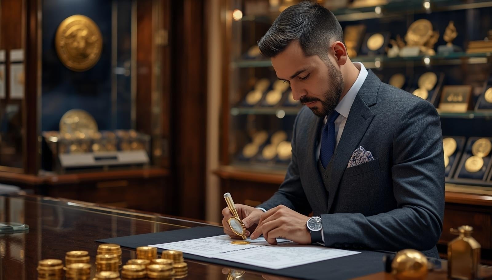 Servizio di acquisto di monete d'oro e d'argento - Uno specialista esamina una moneta d'oro con una lente d'ingrandimento in un ambiente di consulenza di alta qualità.