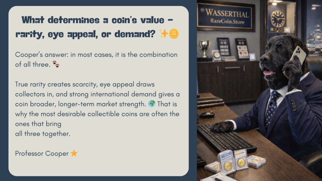 Wodurch wird der Wert einer Münze bestimmt? Cooper telefoniert im luxuriösen Büro von Wasserthal RareCoin.Store, während auf dem Schreibtisch mehrere zertifizierte Goldmünzen liegen und die Grafik Seltenheit, Eye Appeal und Nachfrage als zentrale Wertfaktoren erklärt.