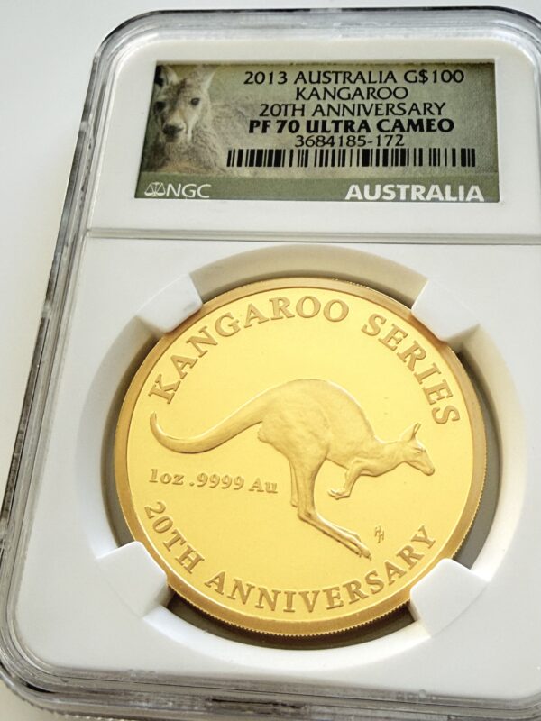 NGC-zertifizierte Goldmünze aus Australien von 2013. Das Label zeigt „2013 Australia G$100 - Kangaroo - 20th Anniversary - PF 70 Ultra Cameo“ sowie die Zertifizierungsnummer 3684185-172. Die Münze ist in einem NGC-Slab auf weißem Hintergrund fotografiert und zeigt ein Känguru mit der Umschrift „Kangaroo Series - 20th Anniversary“.