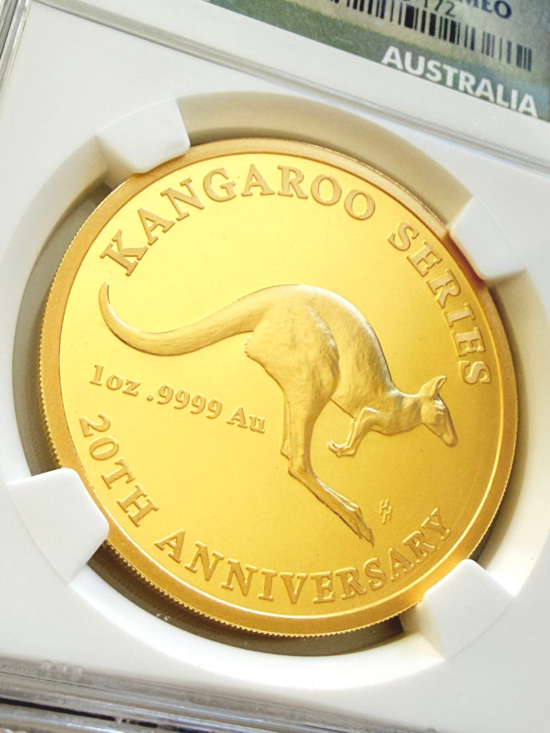 Pièce d'or australienne certifiée NGC, millésime 2013. L'étiquette porte la mention « 2013 Australia G$100 - Kangourou - 20e anniversaire - PF 70 Ultra Cameo » et le numéro de certification 3684185-172. La pièce est photographiée sous capsule NGC sur fond blanc et représente un kangourou avec l'inscription « Série Kangourou - 20e anniversaire ».