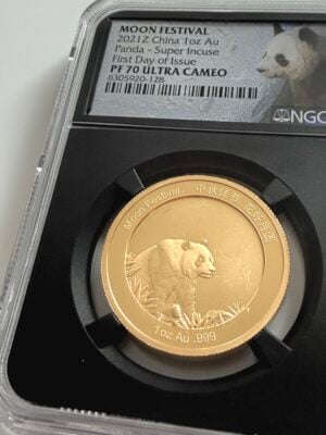 NGC-certified gold coin from China from 2021, Moon Festival Panda Super Incuse, First Day of Issue, graded PF70 Ultra Cameo.