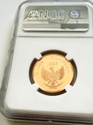 indonesien-1987-200000-rupiah-javan-rhinoceros-gold-proof-ngc-pf69-ultra-cameo-coa-007_2 NGC-zertifizierte Goldmünze aus Indonesien von 1987 mit dem Motiv eines Javanischen Nashorns. Auf dem Label steht „Wildlife Series - 1987 Indonesia G200KR - Javan Rhinoceros - PF 69 Ultra Cameo“ mit der Zertifizierungsnummer 5785127-007. Die Münze ist in einem NGC-Slab auf weißem Hintergrund fotografiert.