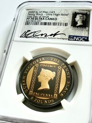 NGC-zertifizierte Goldmünze der Isle of Man von 2020, Penny Black Ultra High Relief, First Day of Issue, bewertet mit PF70 Ultra Cameo.