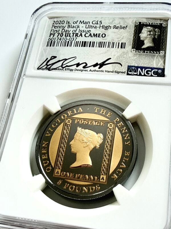 NGC-zertifizierte Goldmünze der Isle of Man von 2020, Penny Black Ultra High Relief, First Day of Issue, bewertet mit PF70 Ultra Cameo.