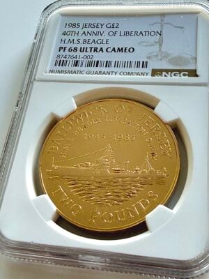Jersey - 1985 - 2 Pounds - HMS Beagle - 40th Anniversary of Liberation - Gold - Proof - NGC PF68 Ultra Cameo