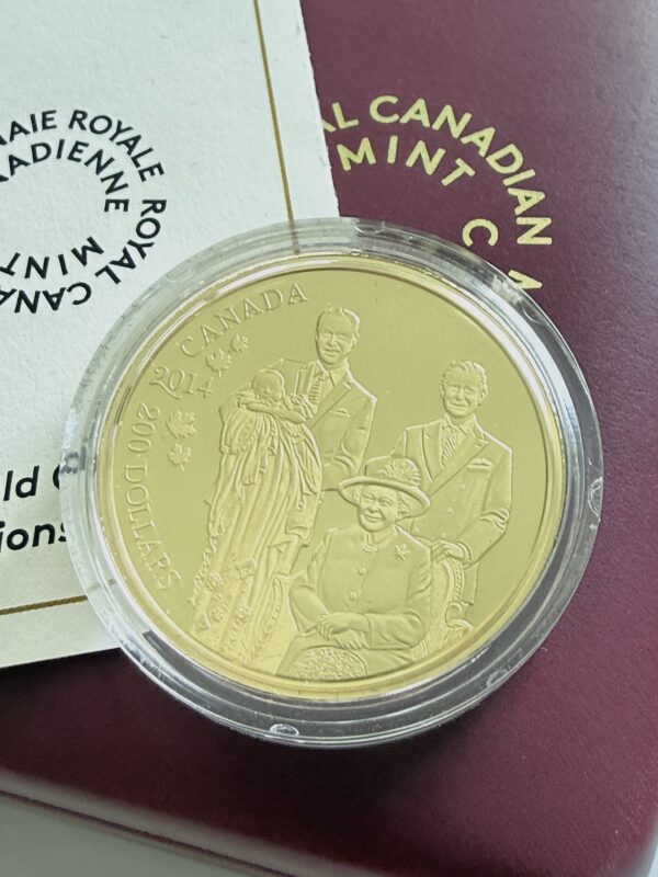 Kanadische Goldmünze von 2014 in Kapsel mit Zertifikat und Originalbox der Royal Canadian Mint zur Ausgabe Royal Generations.