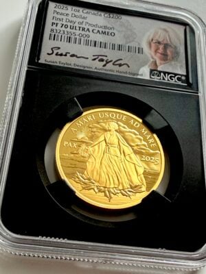 NGC-zertifizierte Goldmünze aus Kanada von 2025, 200 Dollars Peace Dollar, First Day of Production, bewertet mit PF70 Ultra Cameo.