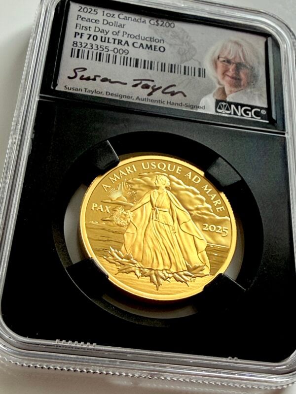 NGC-certified gold coin from Canada from 2025, 200 Dollars Peace Dollar, First Day of Production, graded PF70 Ultra Cameo.