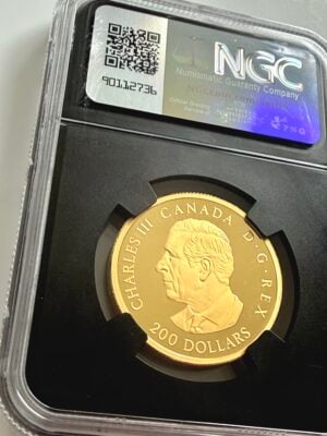NGC-zertifizierte Goldmünze aus Kanada von 2025, 200 Dollars Peace Dollar, First Day of Production, bewertet mit PF70 Ultra Cameo.