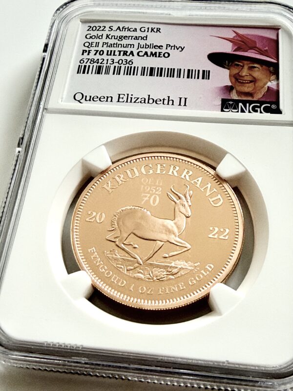 NGC-zertifizierte Krügerrand-Goldmünze aus Südafrika von 2022 mit QEII Platinum Jubilee Privy Mark, bewertet mit PF70 Ultra Cameo.