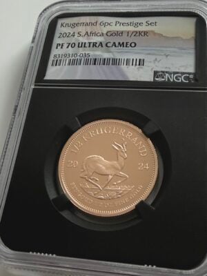 NGC-zertifizierte Krügerrand-Goldmünze aus Südafrika von 2024, 1/2 oz aus dem Krugerrand 6pc Prestige Set, bewertet mit PF70 Ultra Cameo.