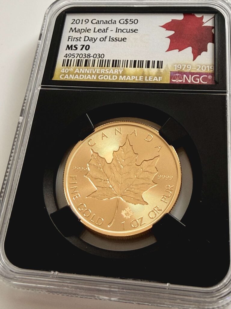 Kanada 2019 Gold Maple Leaf Incuse 1 oz NGC MS70 First Day of Issue