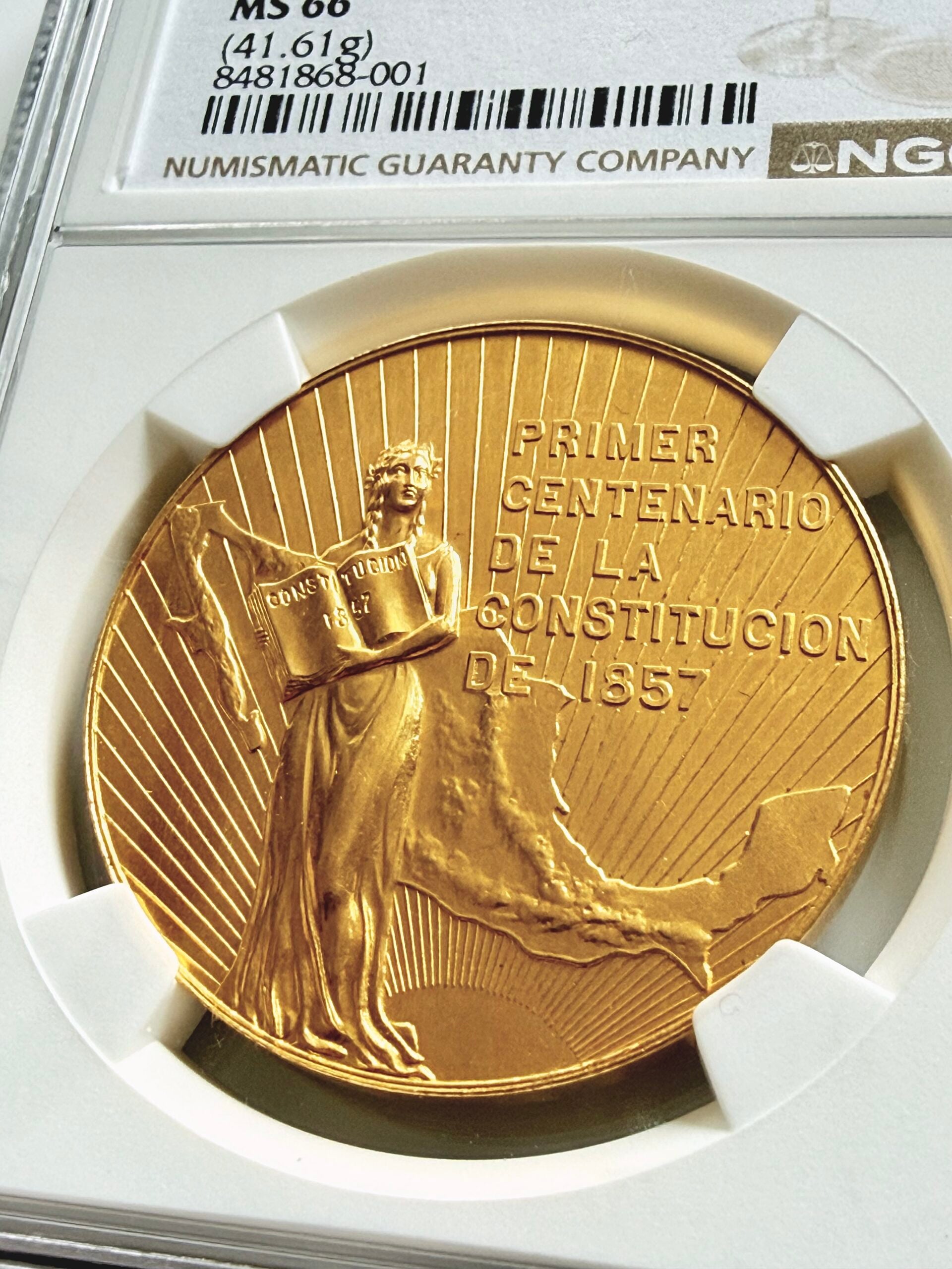 Mexico 1957 Gold Medal Constitution Centennial NGC MS66 in certified slab