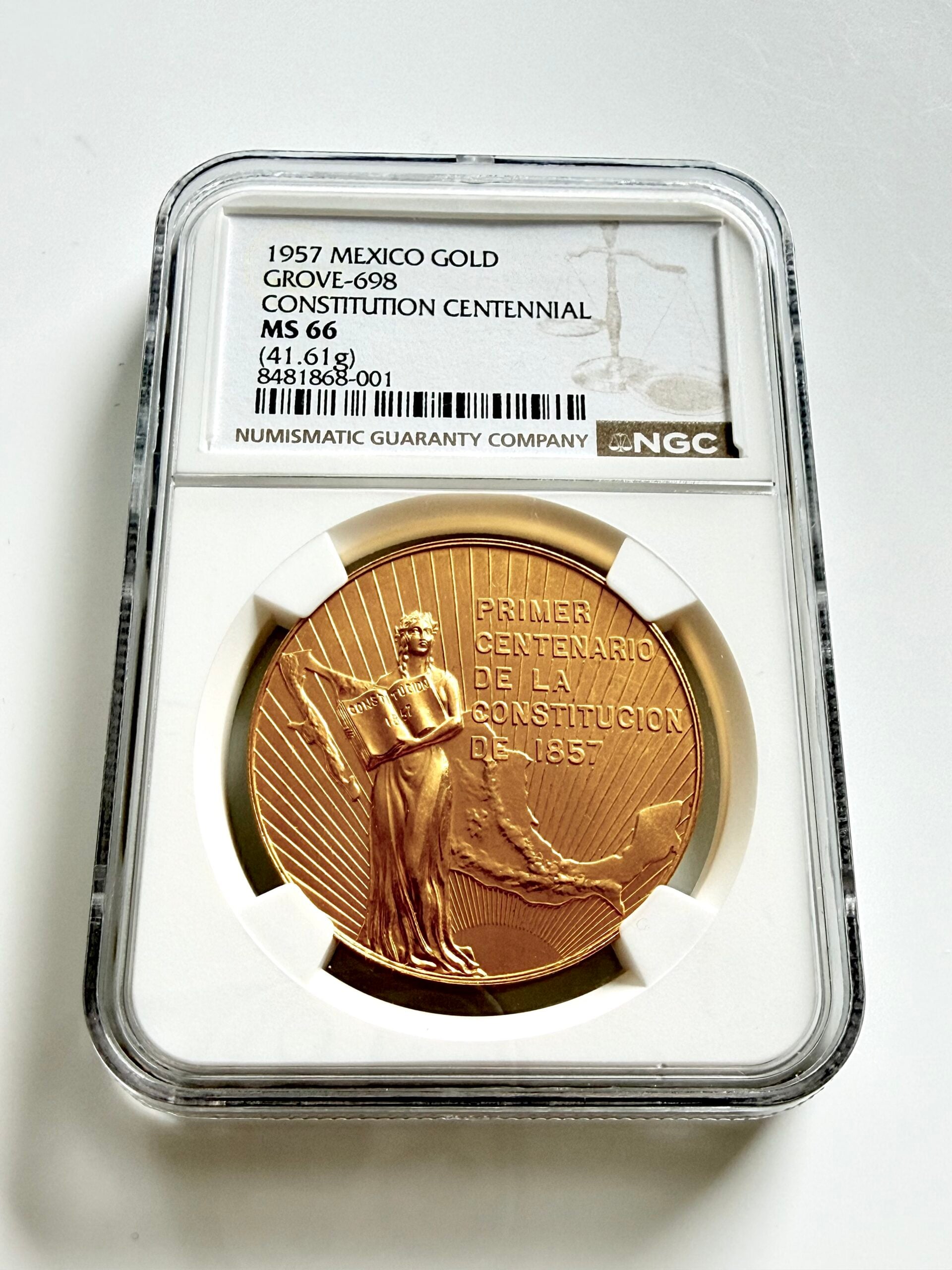 Mexico 1957 Gold Medal Constitution Centennial NGC MS66 in certified slab