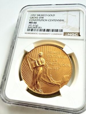 墨西哥1957年金质奖章宪章百年纪念 NGC MS66认证板