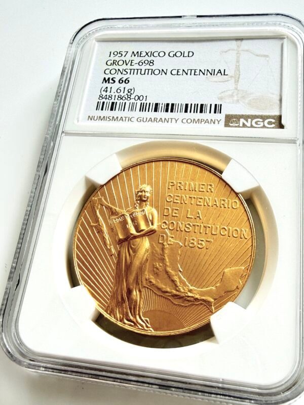 墨西哥1957年金质奖章宪章百年纪念 NGC MS66认证板
