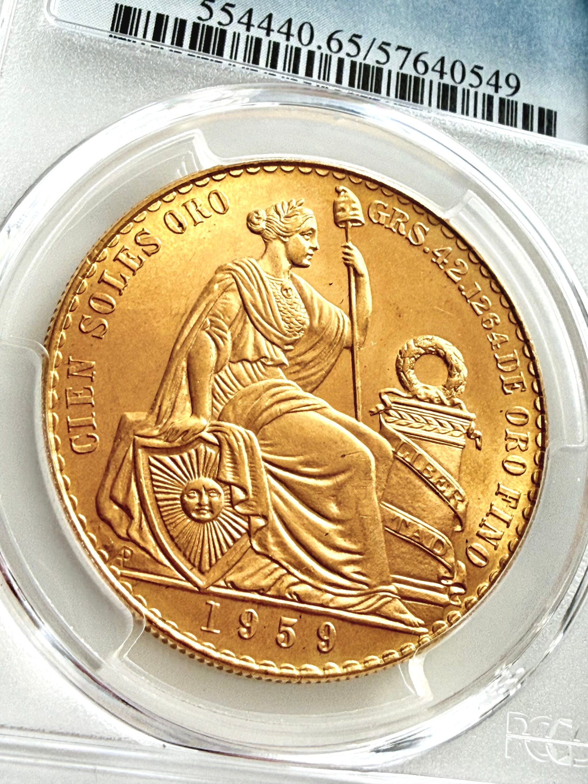 Peru 1959 100 Soles Oro Goldmünze PCGS MS65 im zertifizierten Slab