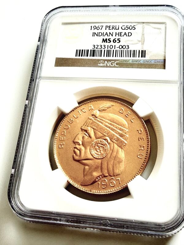 Peru 1967 50 Soles Indian Head Goldmünze NGC MS65 im zertifizierten Slab