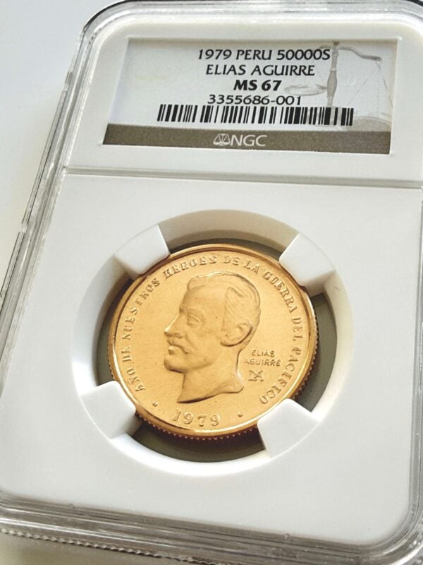 Peru 1979 50000 Soles Elias Aguirre Goldmünze im NGC-Slab mit Bewertung MS67.