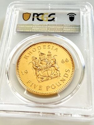 rhodesia-1966-5-pounds-gold-proof-pcgs-pr65_3 Rhodesia 1966 5 Pounds Gold Proof in PCGS slab with grade PR65 and portrait of Queen Elizabeth II.