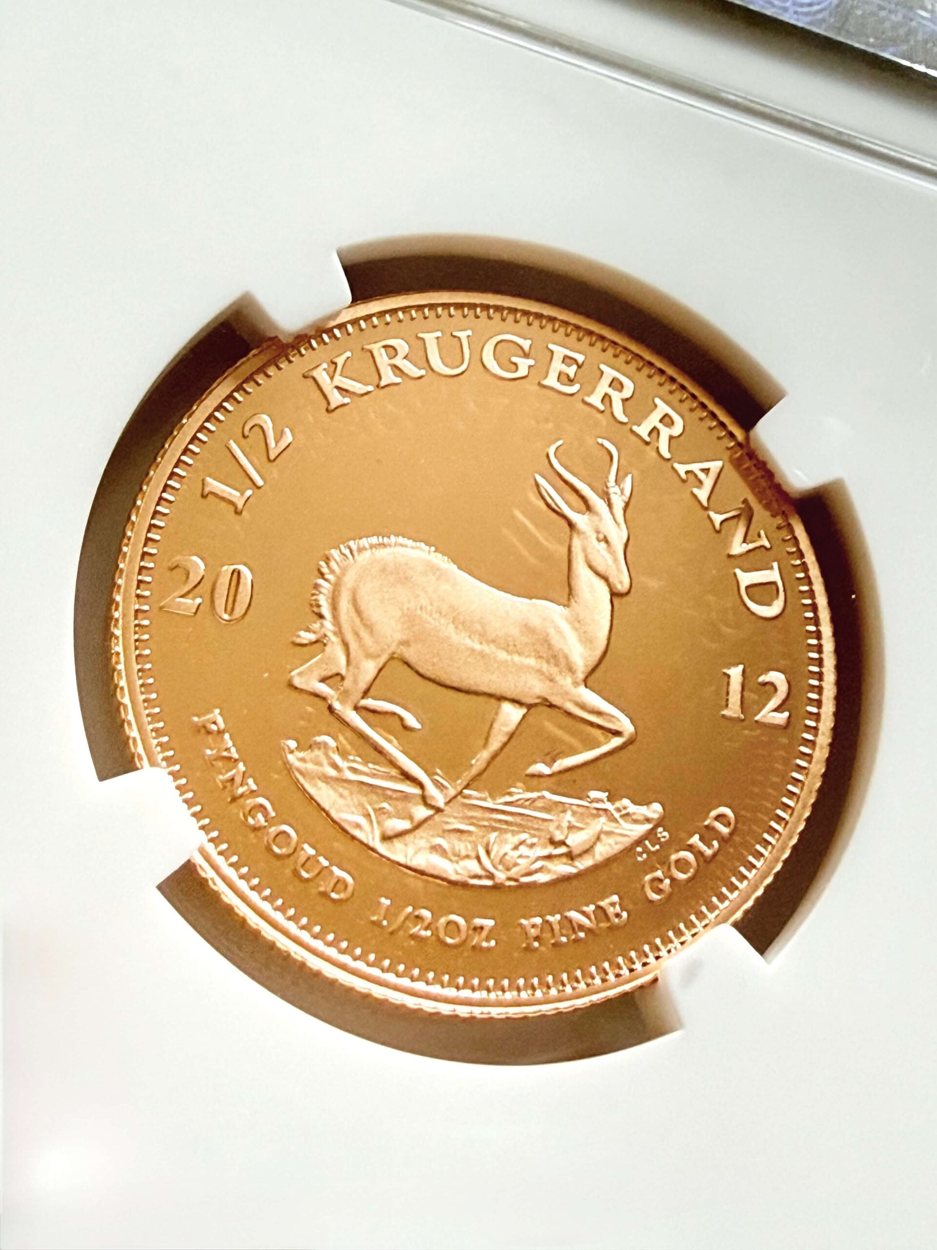 Primo piano del retro della moneta Krugerrand 1/2 oz Gold Proof NGC PF70 Ultra Cameo Top Pop del 2012 con springbok