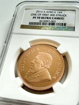 Moneta commemorativa Krugerrand da 1 oncia in oro, versione Proof, NGC PF70 Ultra Cameo Top Pop sul dritto, con ritratto di Paul Kruger.