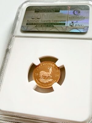 Krugerrand 2014, 1/10 oz, NGC PF70 Reverse Krugerrand 2014, 1/10 oz d'or pur, qualité Belle Épreuve, certifié NGC PF70 Ultra Cameo Reverse avec Springbok