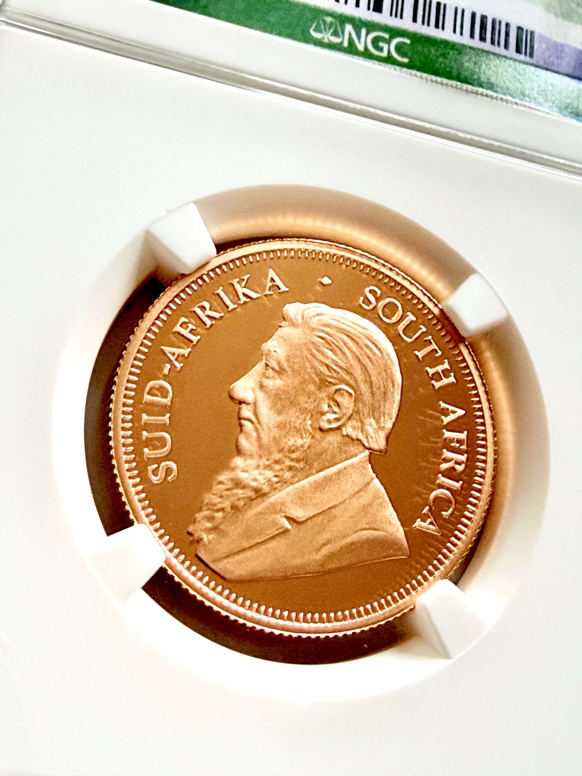 Primo piano del dritto della moneta d'oro Krugerrand da 1/2 oz del 2014, versione Proof NGC PF70 Ultra Cameo Top Pop, con il ritratto di Paul Kruger.