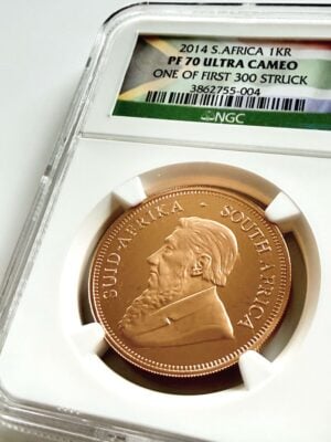Moneta commemorativa Krugerrand da 1 oncia in oro, versione Proof, NGC PF70 Ultra Cameo Top Pop sul dritto, con ritratto di Paul Kruger.