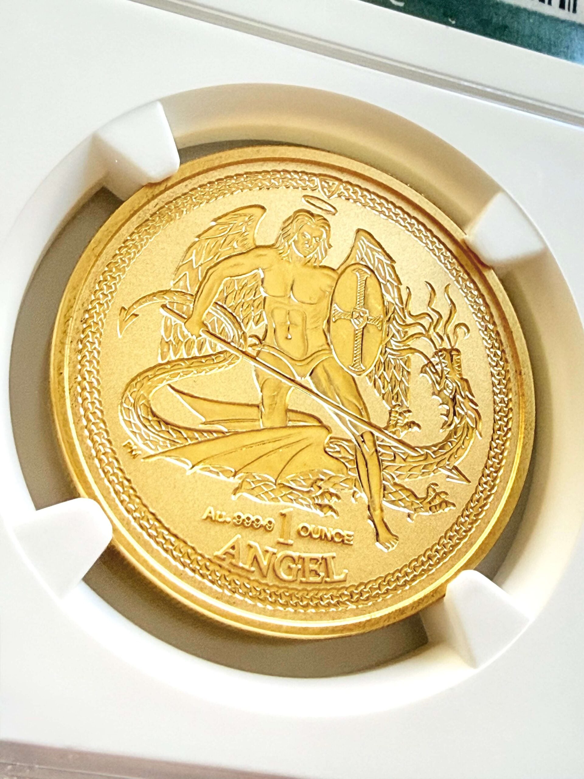 Incuse Design der Isle of Man Angel 1 oz Goldmünze 2015 im Detail