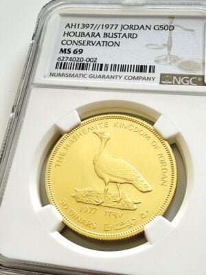 Jordan 1977 50 Dinars Gold Coin Houbara Bustard Conservation NGC MS69