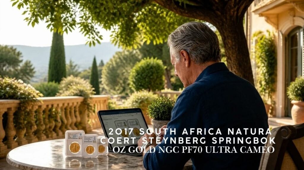 Sammler betrachtet zwei NGC-zertifizierte Natura Coert Steynberg Springbock Goldmünzen 2017 in PF70 Ultra Cameo auf einer Terrasse