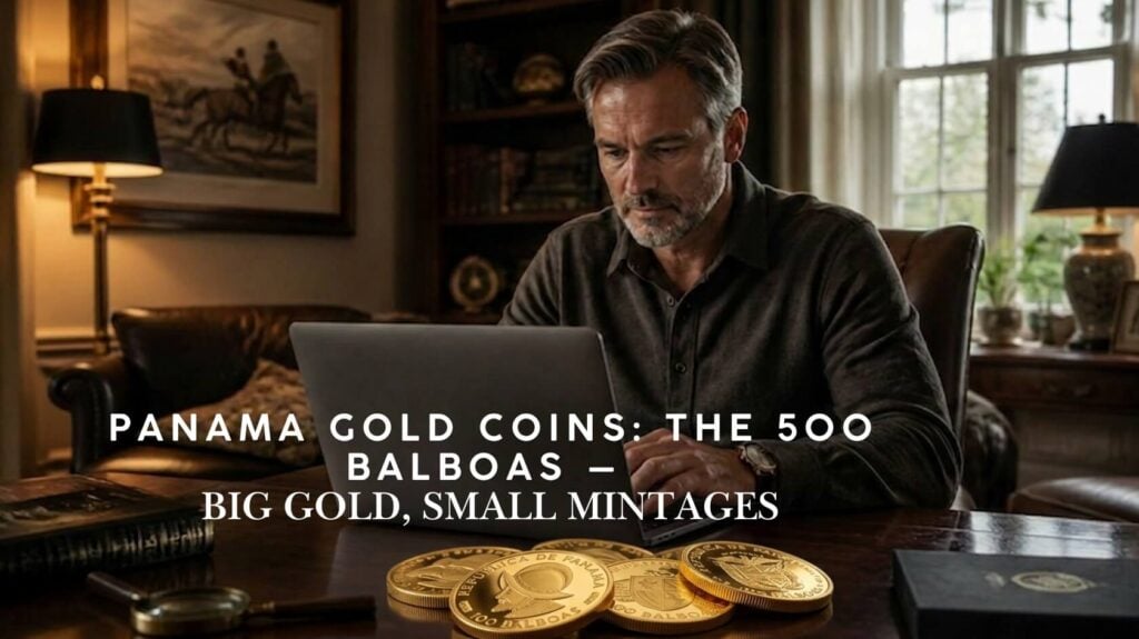 Panama Goldmünzen – Sammler recherchiert Balboas Goldmünzen am Laptop