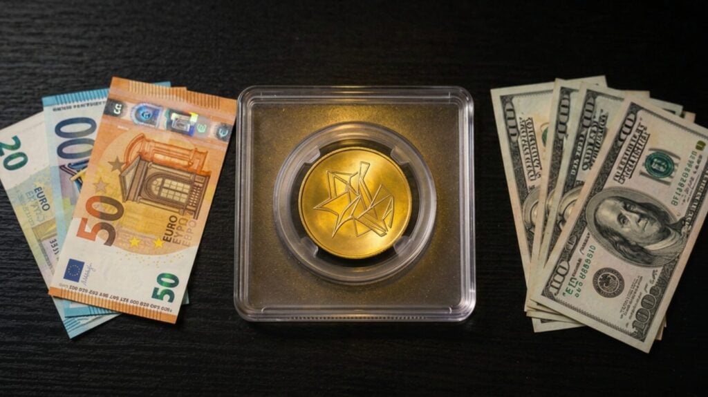 Goldmünze zwischen Euro- und US-Dollar-Banknoten als Symbol für den Wechselkurseinfluss auf den Goldpreis