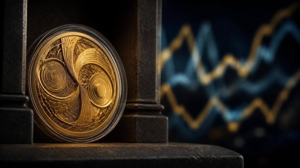 Goldene Fantasiemünze vor unscharfen schwankenden Marktlinien als Symbol für Gold als sicheren Hafen