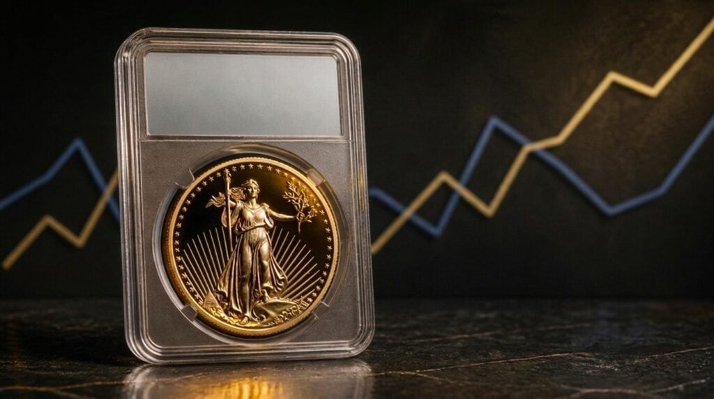 Goldmünze im Slab vor goldener und blauer Kurslinie als Symbol für den Zusammenhang zwischen Realzinsen und Goldpreis