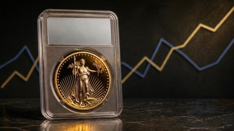 Goldmünze im Slab vor goldener und blauer Kurslinie als Symbol für den Zusammenhang zwischen Realzinsen und Goldpreis