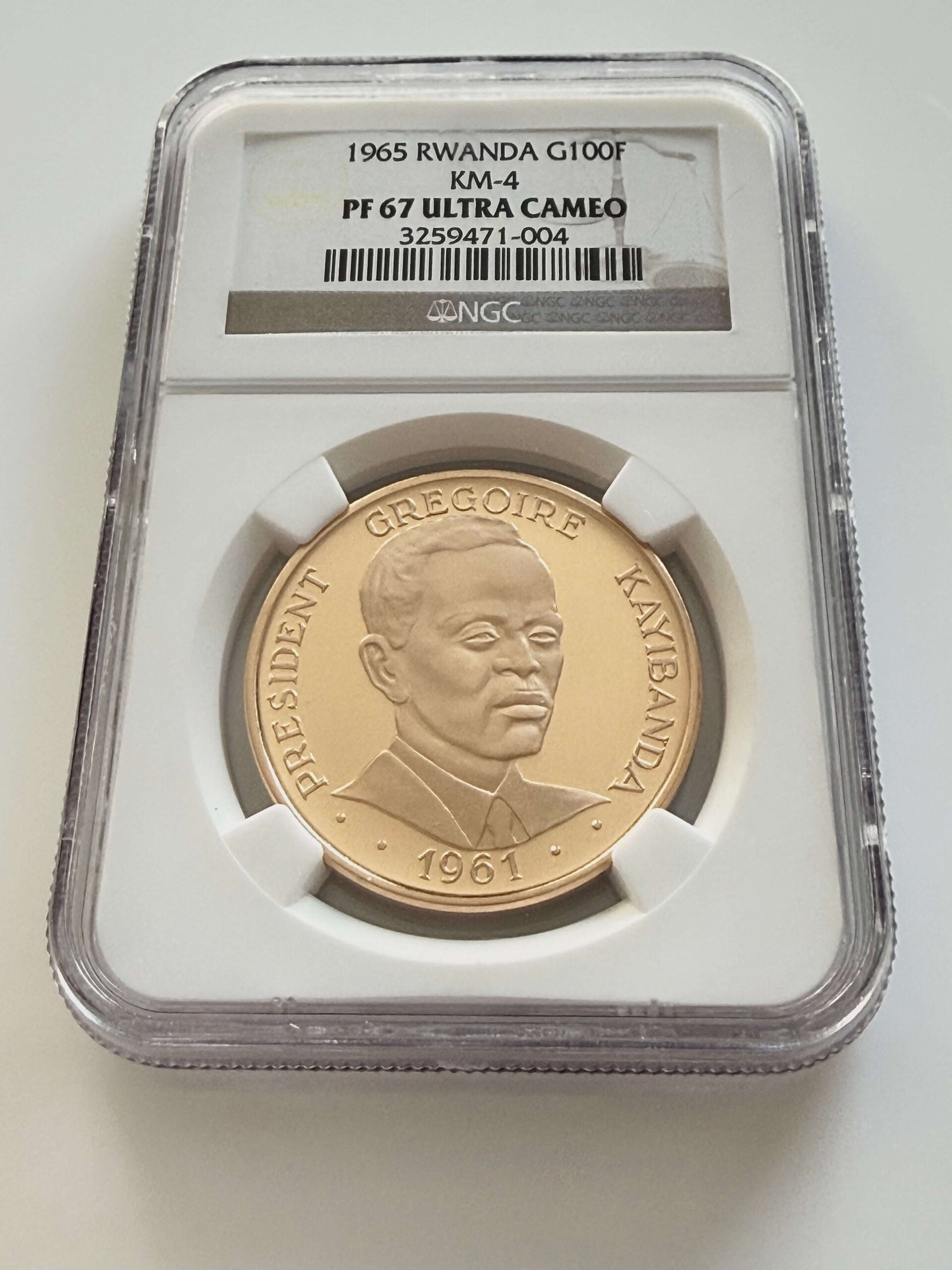 Ruanda 1965 100 Francs Gold Grégoire Kayibanda im NGC Slab