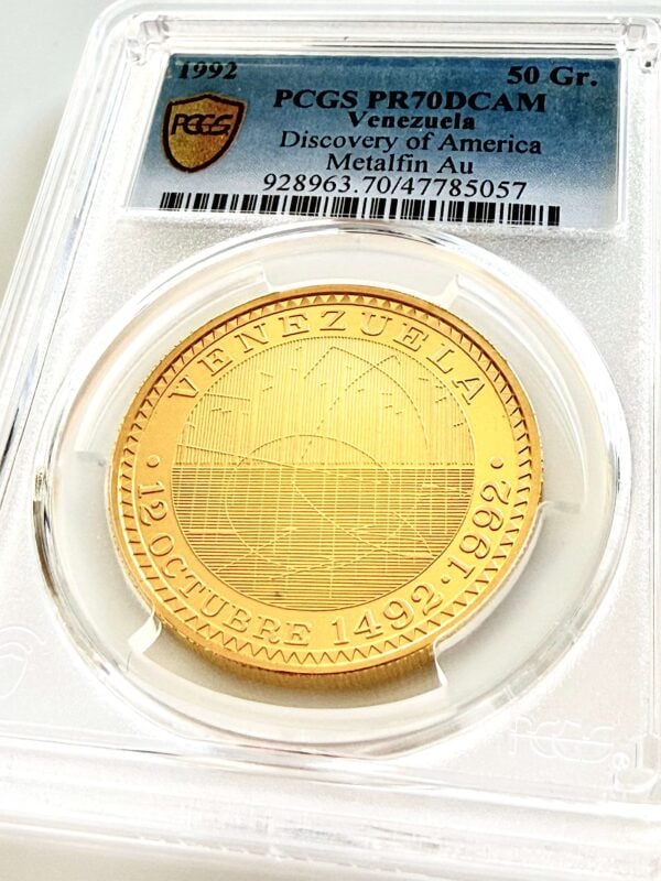 Venezuela 1992 50g Gold Medal Discovery of America, Venezuela side, PCGS PR70 Deep Cameo