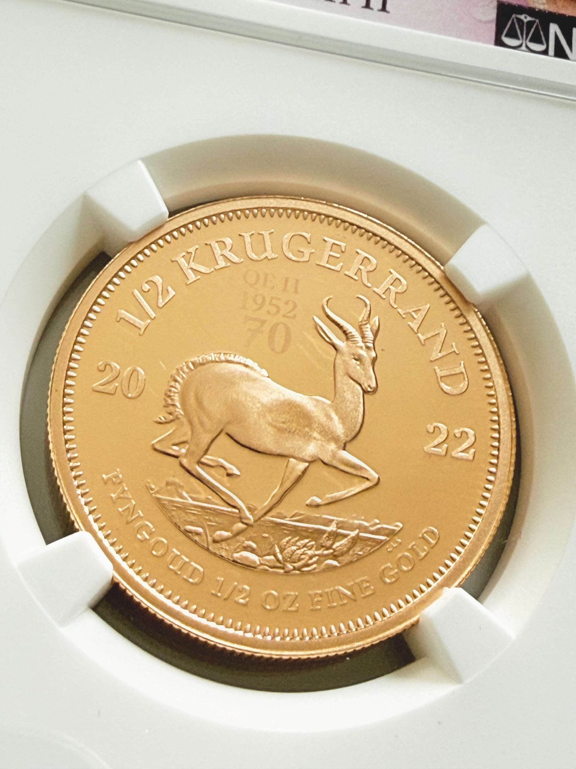2022 Südafrika 1/2 oz Gold Krügerrand Queen Elizabeth II Platinum Jubilee Privy Detail